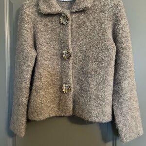 Zara Faux Fur Knit Cardigan With Flower Buttons Size Medium
